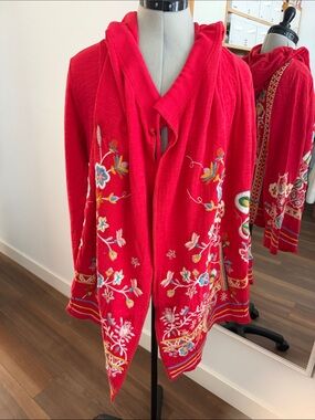 Johnny Was Red Embroidered Hooded Cardigan Jacket M
